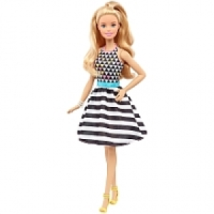 Barbie - Muñeca Fashionista Vestido Falda Rayas Negras y Bla