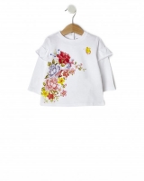 Prenatal  Camiseta blanca con flores, mariposas y pajaritos con brillo