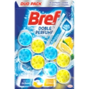 BREF desinfectante WC doble perfume Óceano y Cítrico colgado