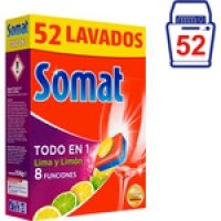Hipercor  SOMAT detergente lavavajillas todo en 1 lima y limón caja 52
