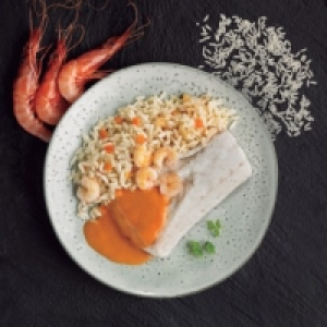 Merluza con salsa de gambas y arroz 2.99 €